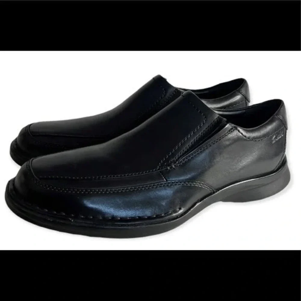 Clarks Collection Mens Black Leather Slip On Loafers Square Toe Dress Shoes 7.5‎
